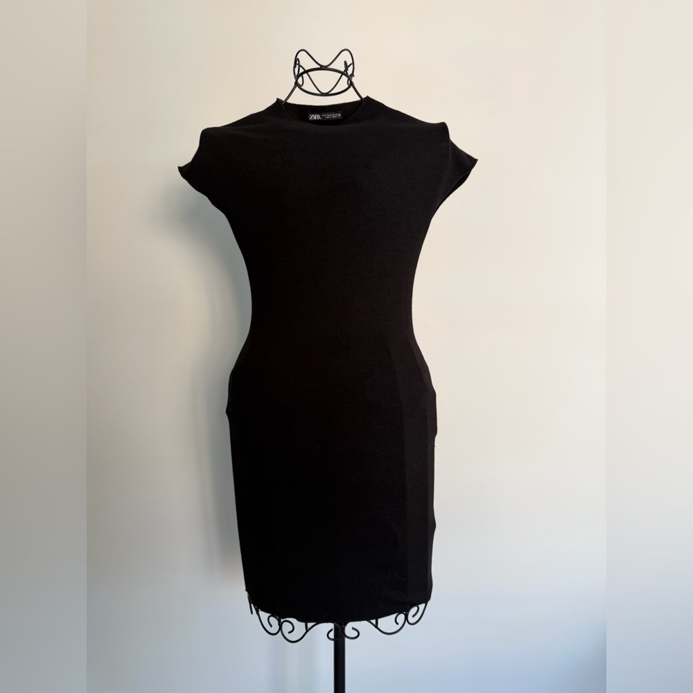 Zara funnel neck cap sleeve mini dress in black stretch fabric